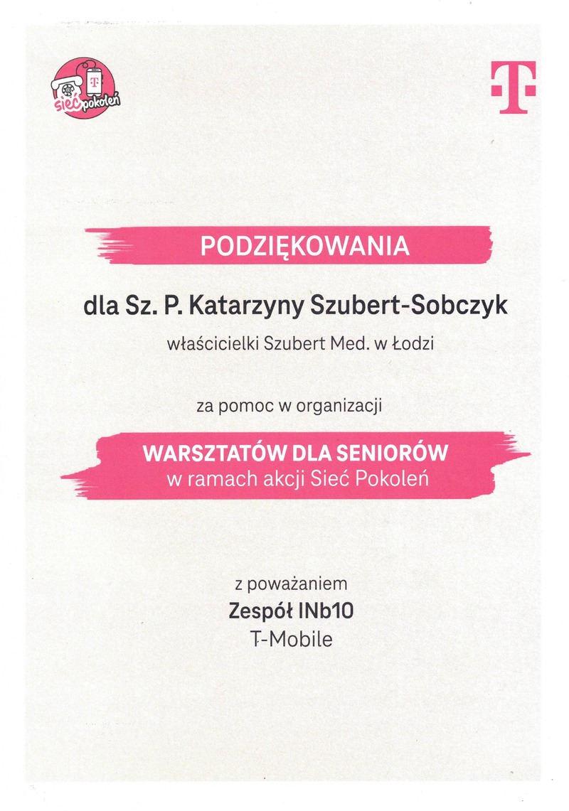 Podziękowania za pomoc w organizacji warsztatów dla seniorów