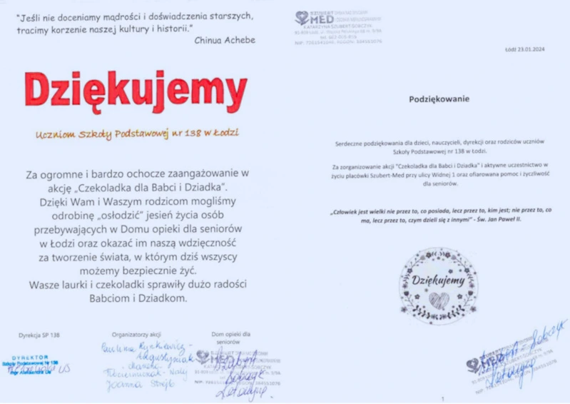 Dom Opieki Seniora podziękowania dla Szkoły Podstawowej nr 138