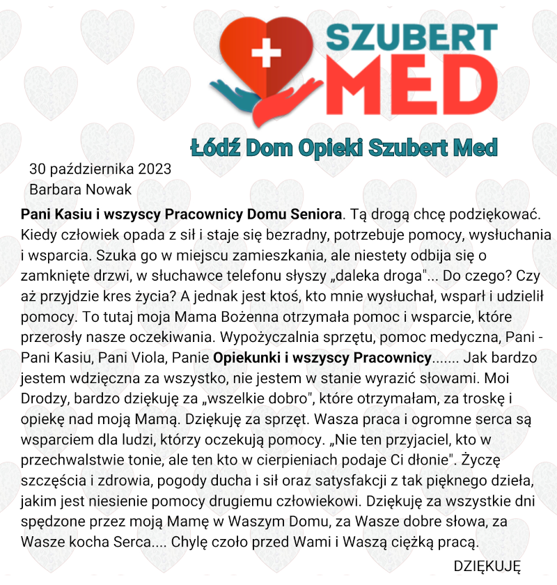 podziękowanie dla DOM OPIEKI SZUBERT MED Łódź